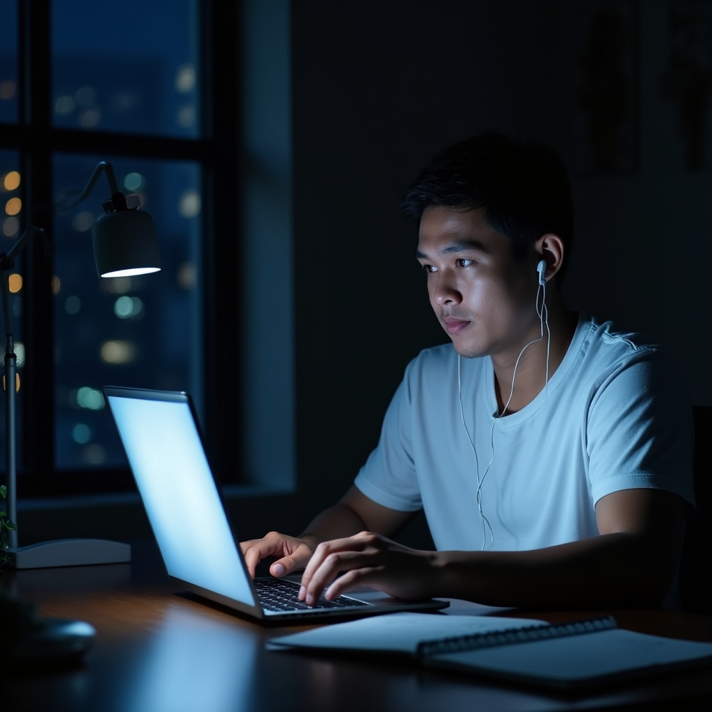 Professional completing online business training course on laptop in a modern home office setting